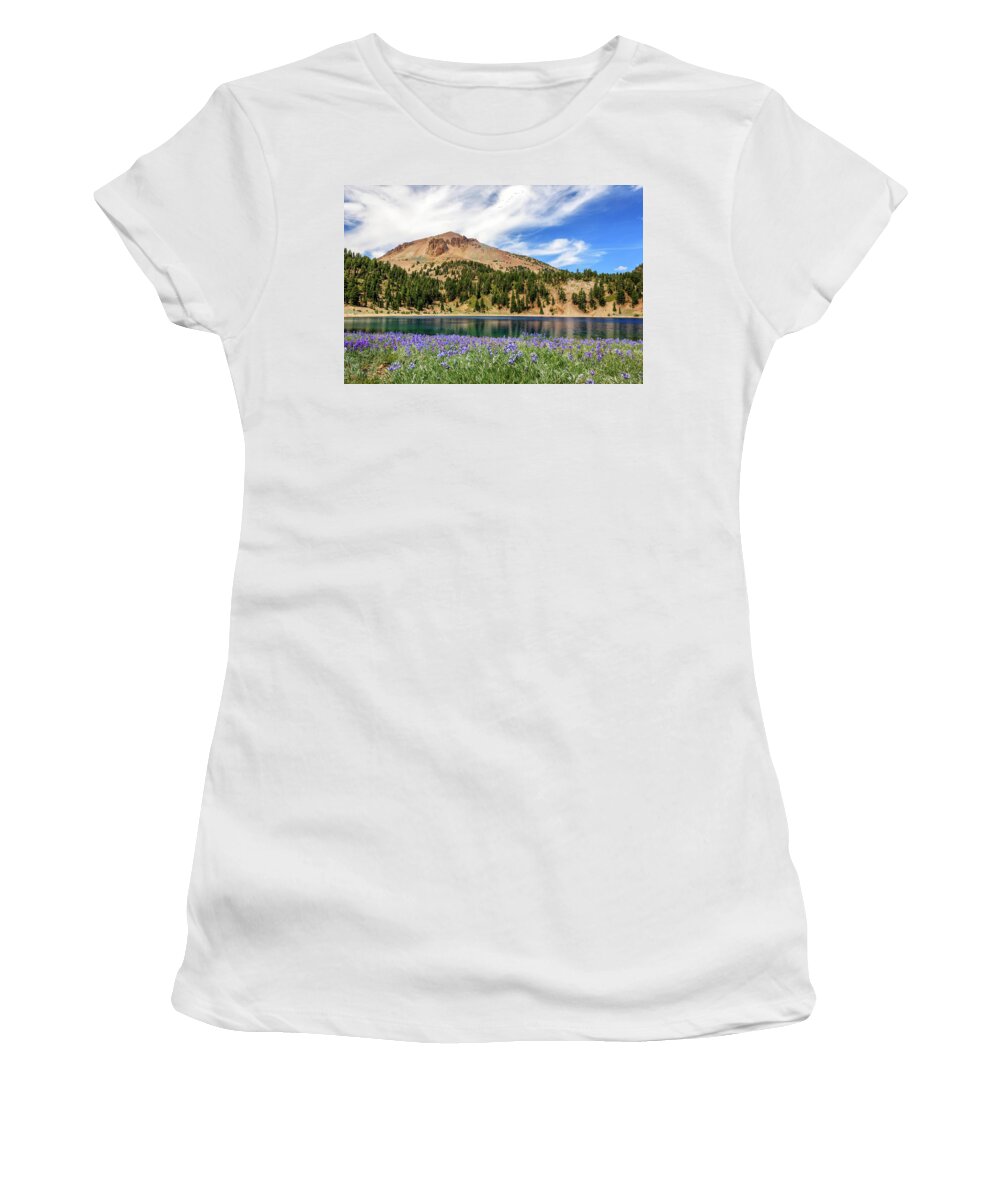 Mount Lassen Women's T-Shirt featuring the photograph Lupines Lake And Lassen by James Eddy