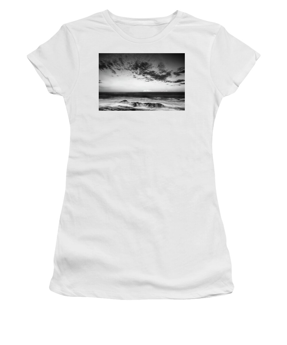Maine Women's T-Shirt featuring the photograph Maine Rocky Coast with Boulders and Clouds at Two Lights Park by Ranjay Mitra