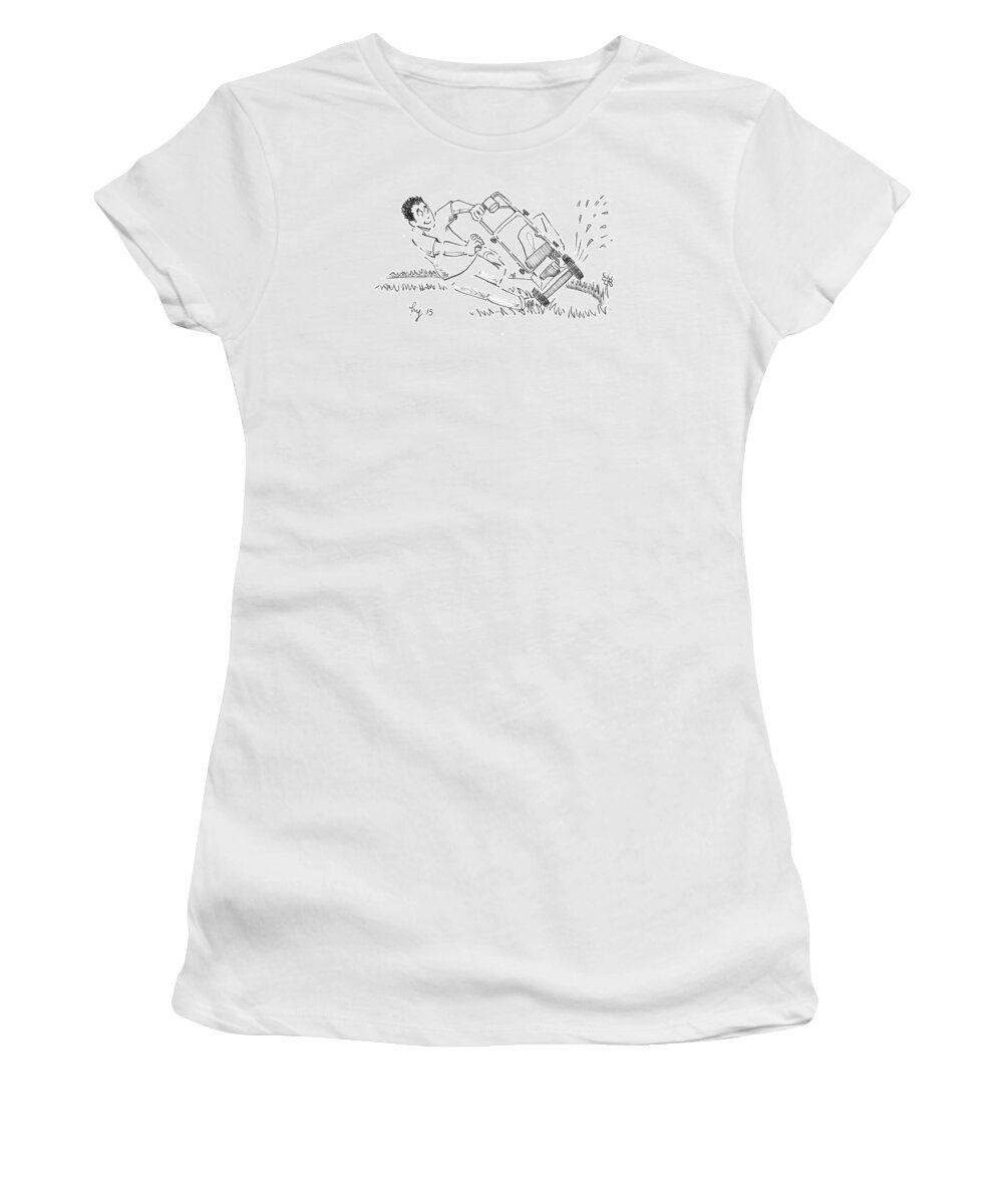 Lawnmower Women's T-Shirt featuring the drawing Man Mowing the Lawn Cartoon - Speed Mower by Mike Jory
