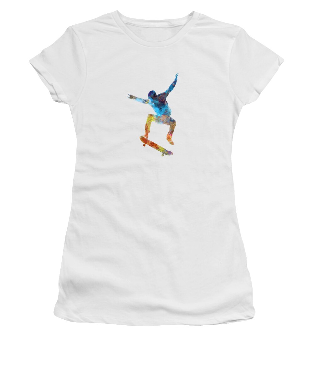 Skateboarders Women's T-Shirt featuring the painting Man skateboard 01 in watercolor by Pablo Romero