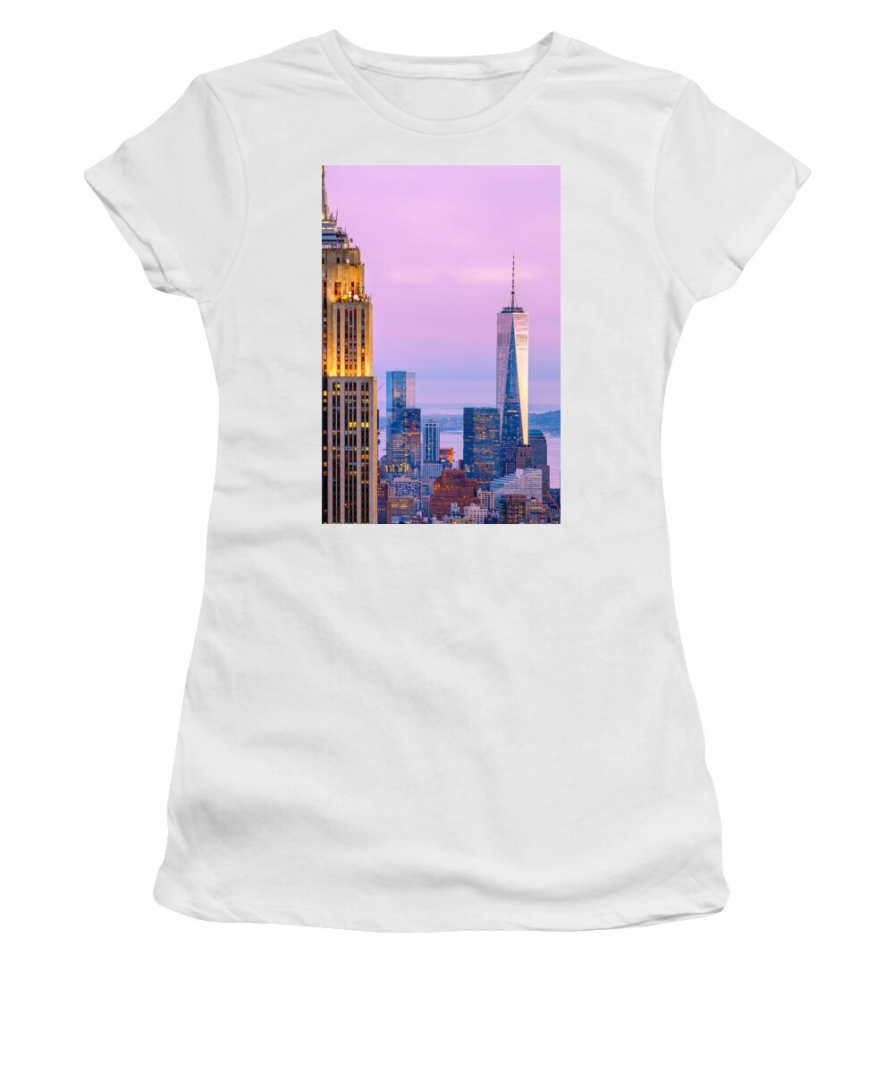 Empire State Building Women's T-Shirt featuring the photograph Manhattan Romance by Az Jackson