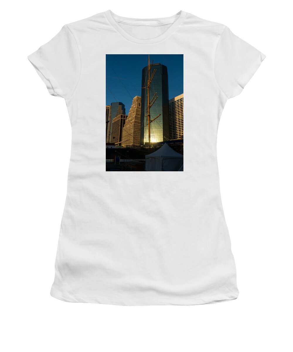 Georgia Mizuleva Women's T-Shirt featuring the photograph Manhattan Sunrise Reflection Through Masts and Rigging by Georgia Mizuleva