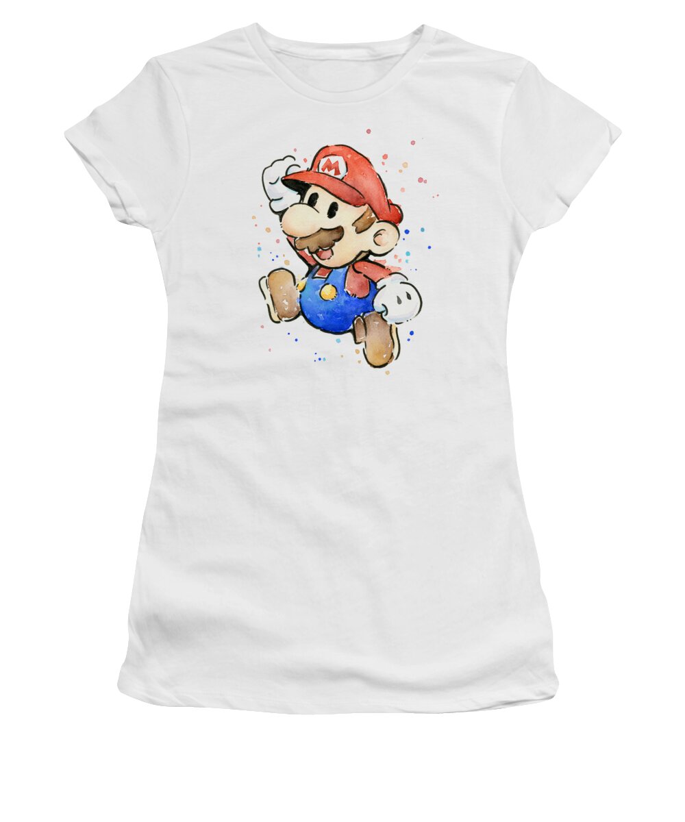 Video Game Women's T-Shirt featuring the painting Mario Watercolor Fan Art by Olga Shvartsur