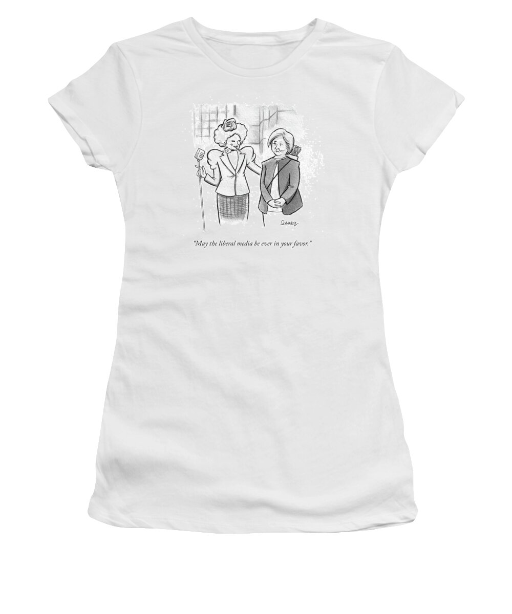 may The Liberal Media Be Ever In Your Favor. Women's T-Shirt featuring the drawing May the liberal media be ever in your favor by Benjamin Schwartz