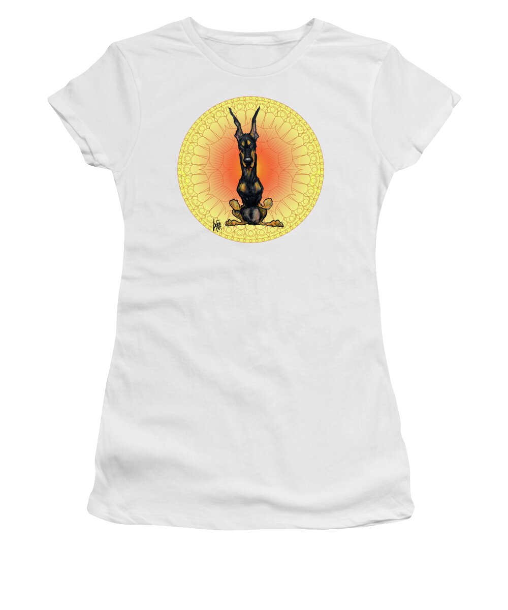 Doberman Women's T-Shirt featuring the drawing Meditating Doberman by Canine Caricatures By John LaFree