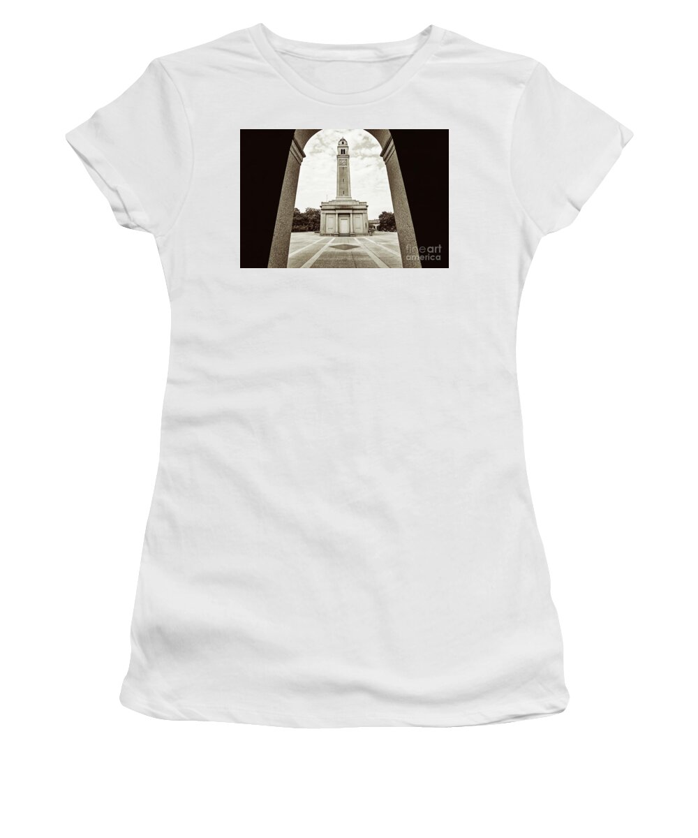 Memorial Women's T-Shirt featuring the photograph Memorial Tower thru the Archway - sepia by Scott Pellegrin