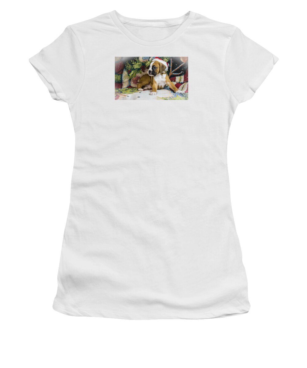 Puppy Women's T-Shirt featuring the photograph Merry Christmas from Oscar the Boxer 1 by George Kenhan