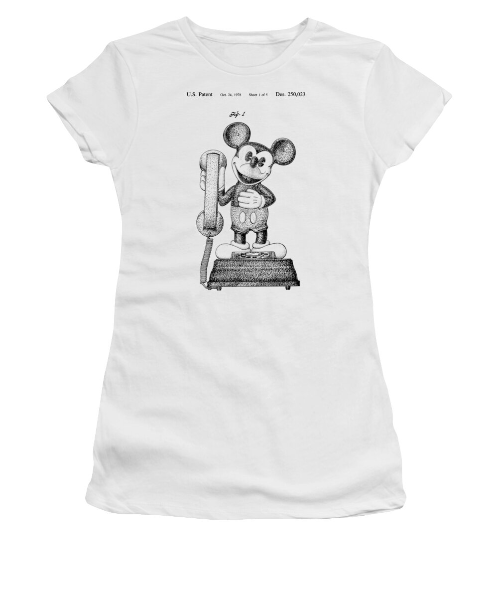 Mickey; Mouse; Novelty; Phone; Patent; 1978; Toy; Walt; Disney; Us; Inventor; Invention; Fashion; Design; Abstract; Brand; T-shirt; Hoodies; Patent Illustration; Crafts; Blueprint; Collectable; Vintage Patent; Nostalgia; Technical Illustration; Patent Drawing; Exclusive Rights; Rights; Drawing; Illustration; Presentation; Vintage; Gift; Diagram; Antique; Patentee; Men's; Men; Women; Women's; Boy; Girl; Patent Application; Home Decor; Grunge; Distress; Parchment; Old; Graphic; Chris Smith Women's T-Shirt featuring the photograph Mickey Mouse Novelty Phone Patent 1978 by Chris Smith
