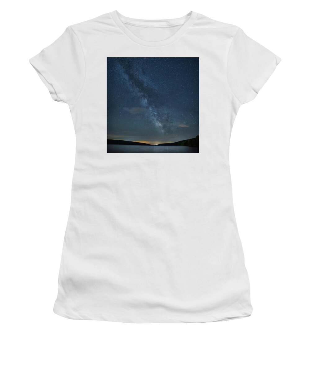 Hemlock Lake Women's T-Shirt featuring the photograph Milky Way over Hemlock Lake by Joe Granita