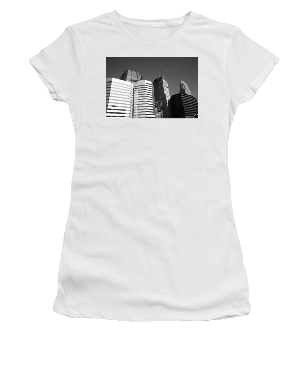 America Women's T-Shirt featuring the photograph Minneapolis Skyscrapers BW 5 by Frank Romeo