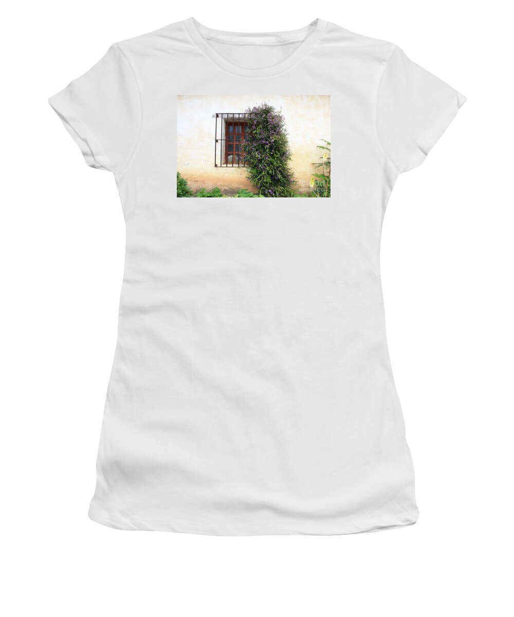 Purple Flowers Women's T-Shirt featuring the photograph Mission Window with Purple Flowers by Carol Groenen