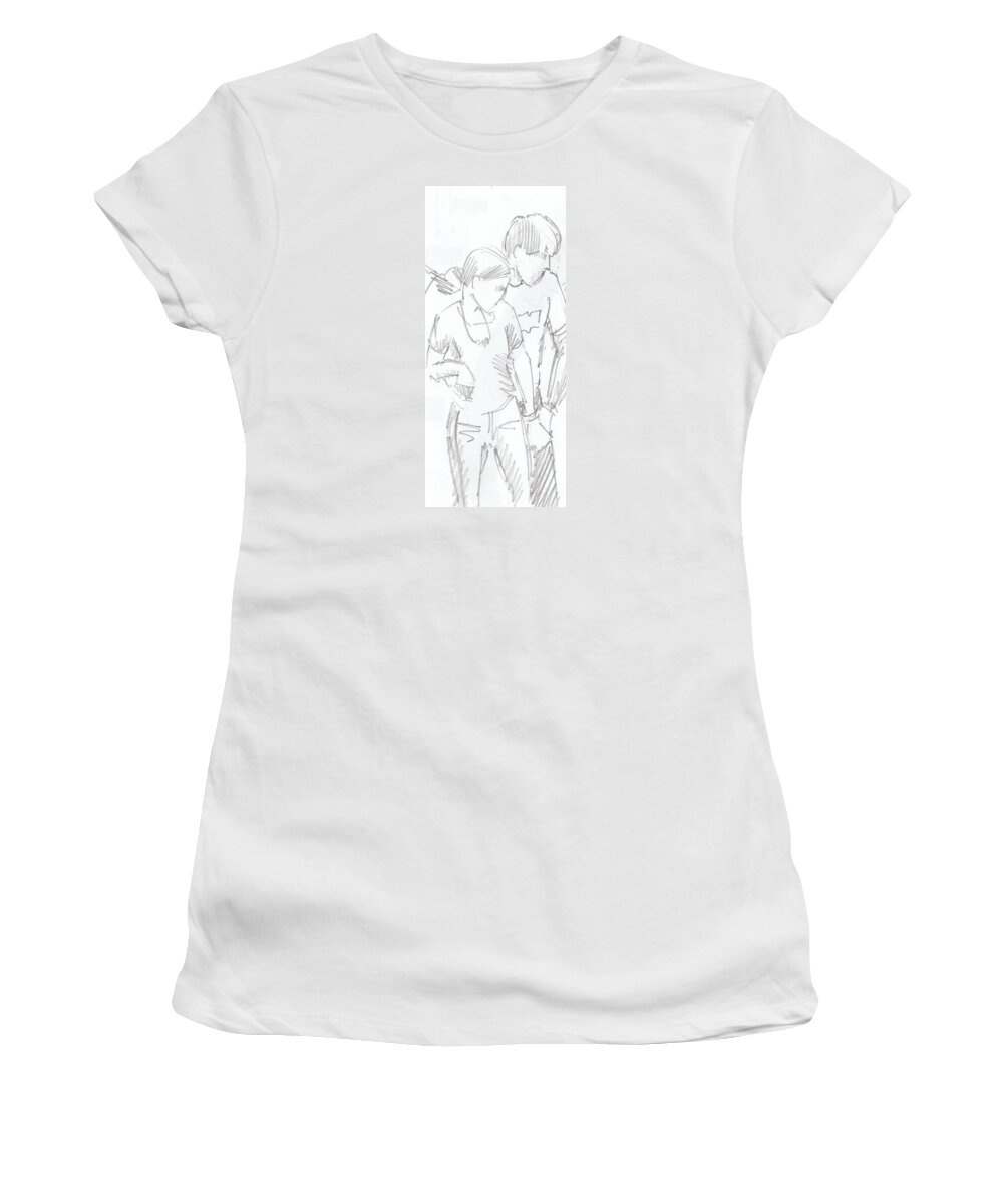 Modern Jivers Women's T-Shirt featuring the drawing Modern Jive Ceroc Dancing Couple Pencil Drawing by Mike Jory