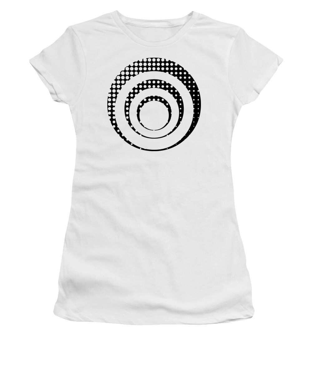 Modern Women's T-Shirt featuring the digital art Modern techno shrinking polka dots black and white by Heidi De Leeuw