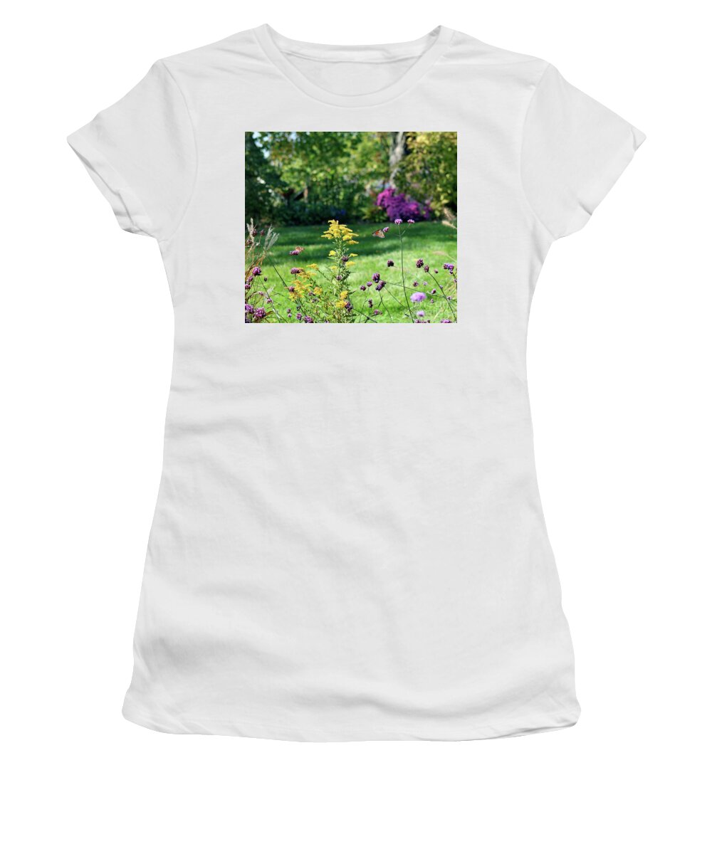 Monarch Women's T-Shirt featuring the photograph Monarch and Buckeye Butterflies 2011 by Karen Adams