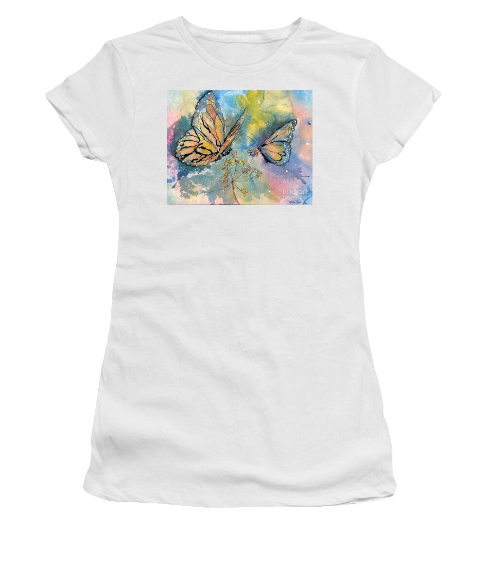 Monarch Butterflies Women's T-Shirt featuring the painting Monarch Butterflies by Midge Pippel