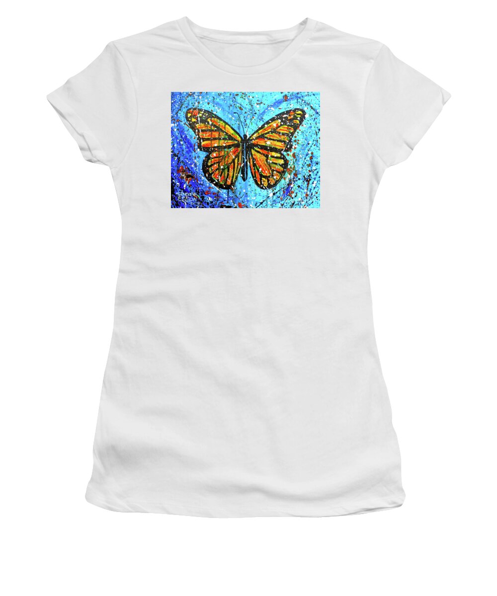 Monarch Women's T-Shirt featuring the painting Monarch Butterfly Spatter Paint by Genevieve Esson