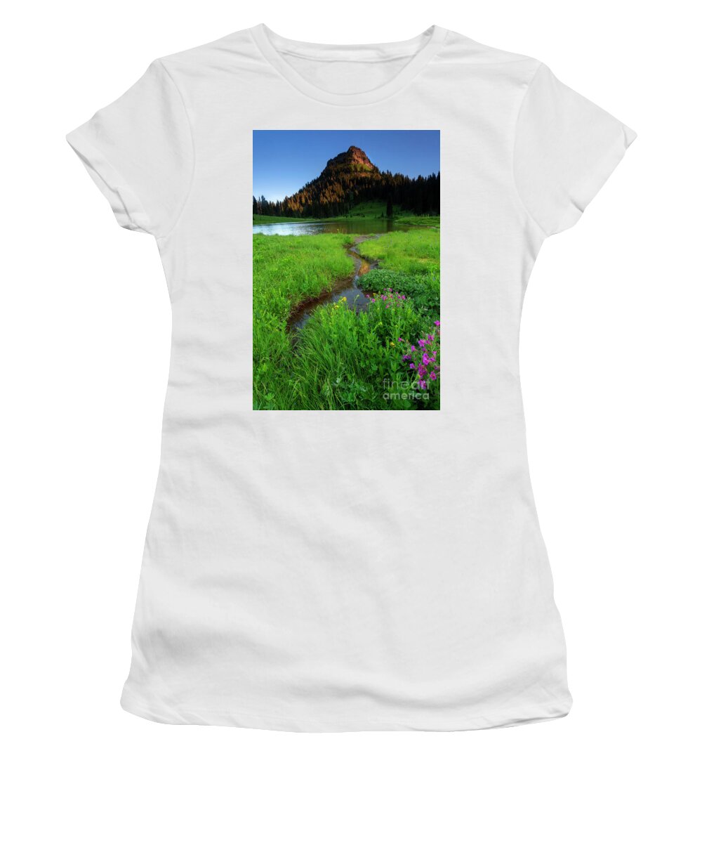 Lake Tipsoo Women's T-Shirt featuring the photograph Monkeyflower Morning by Michael Dawson