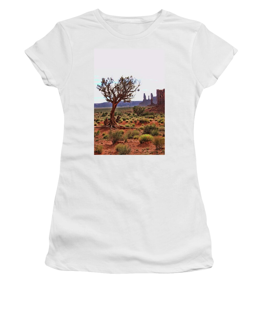 West Mitten Women's T-Shirt featuring the photograph Monument Valley 24 - Three Sisters # 2 by Allen Beatty
