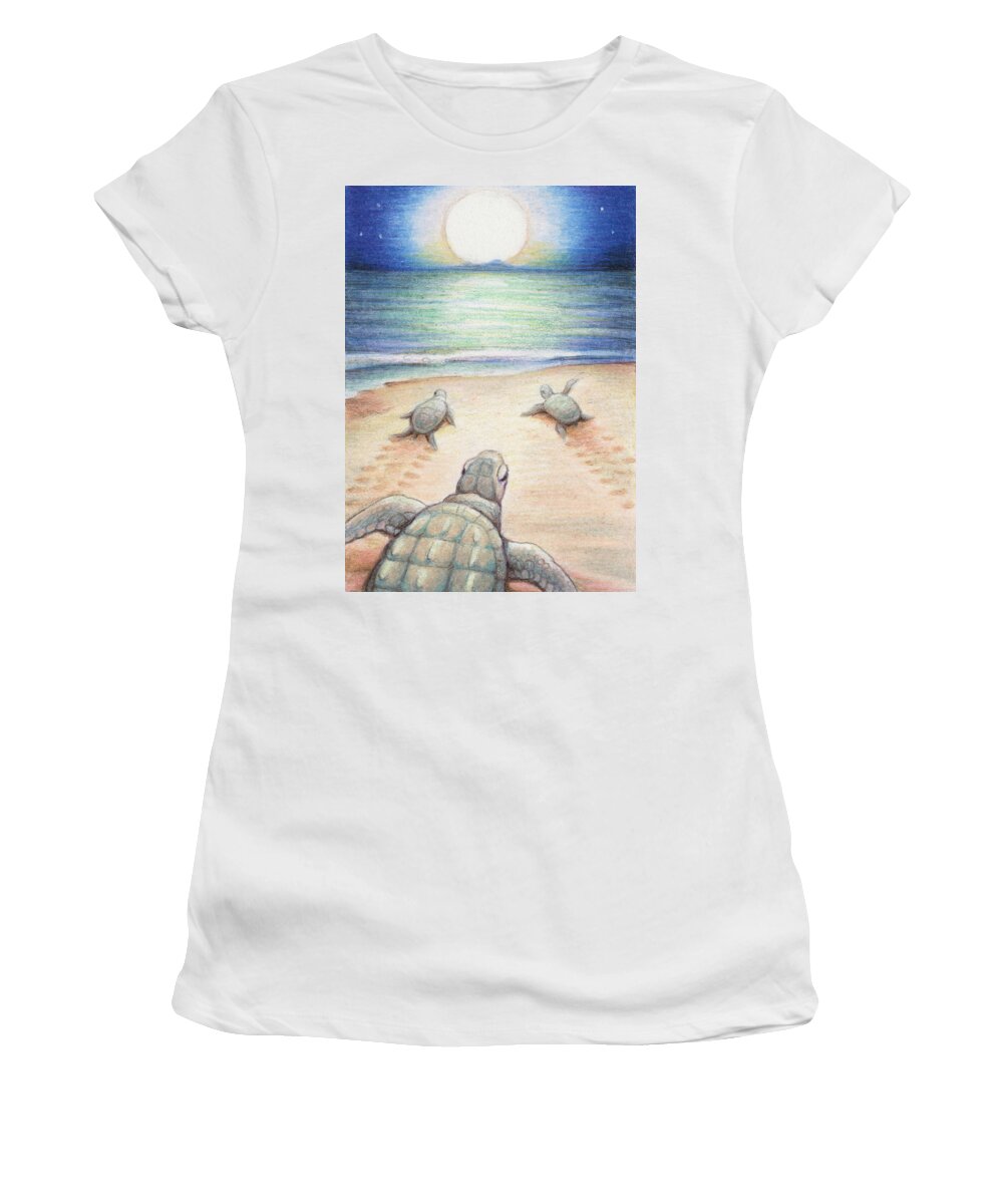 Sea Turtles Women's T-Shirt featuring the drawing Moonlit March by Amy S Turner