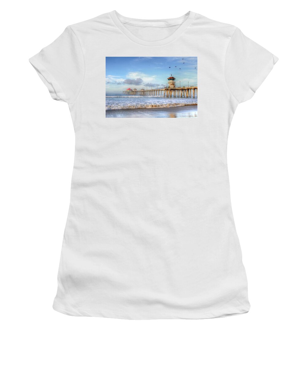 Huntington Beach Pier Women's T-Shirt featuring the photograph Morning Birds Over Pier by Richard Omura