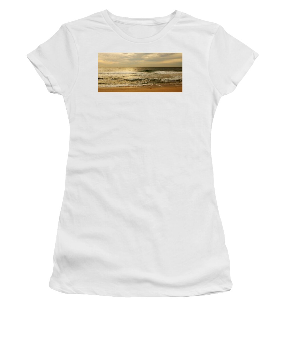 Jersey Shore Women's T-Shirt featuring the photograph Morning On The Beach - Jersey Shore by Angie Tirado