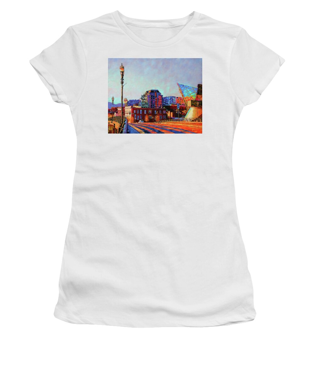 Sunrise Women's T-Shirt featuring the painting Morning Rush - the corner of Salem Avenue and Williamson Road in Roanoke Virginia by Bonnie Mason