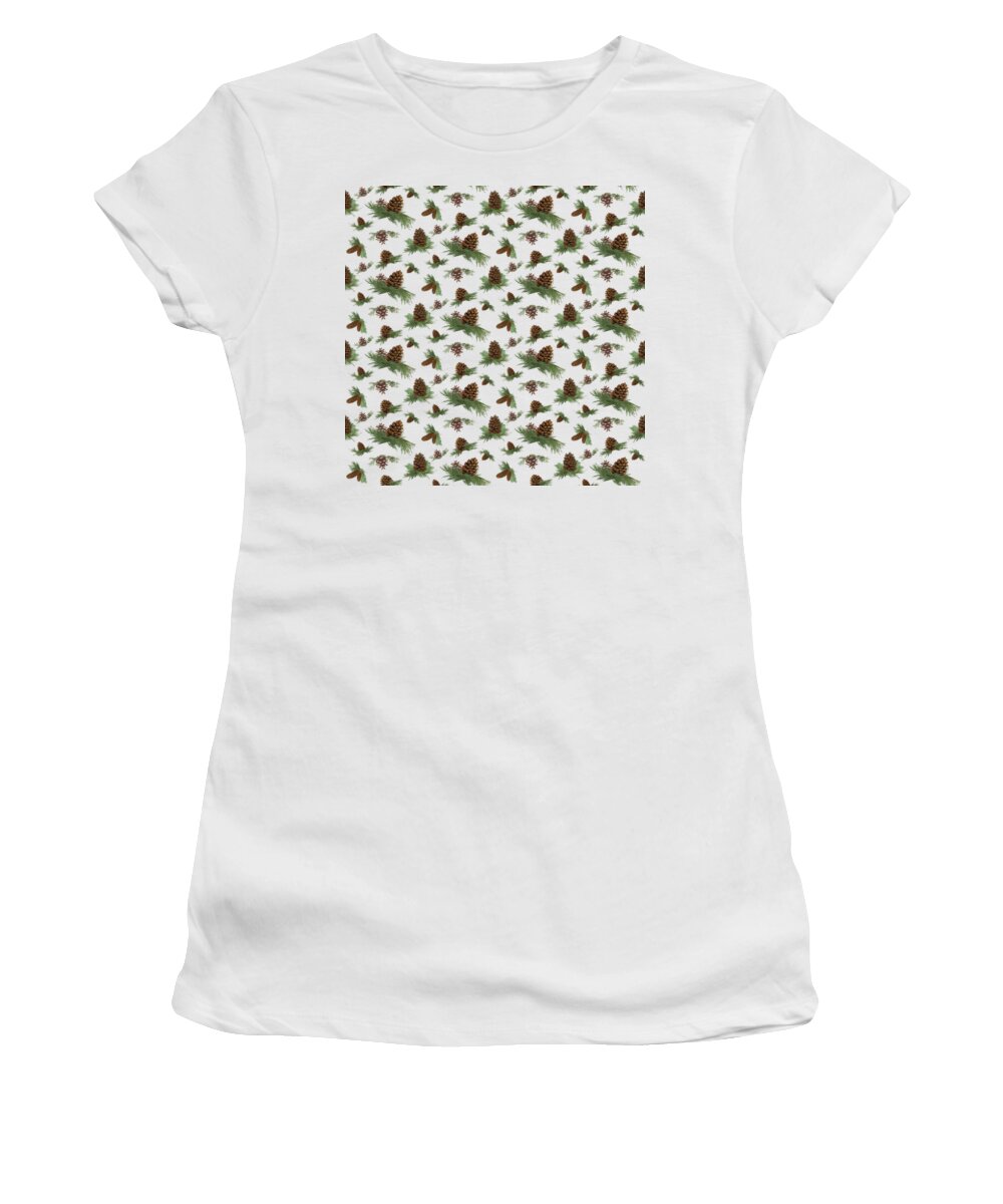 Pine Cones Women's T-Shirt featuring the painting Mountain Lodge Cabin in the Forest - Home Decor Pine Cones by Audrey Jeanne Roberts