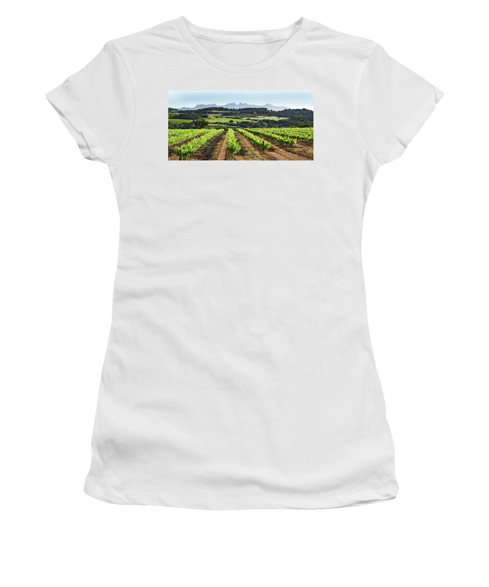 Catalunya Women's T-Shirt featuring the mixed media Mountains Of Montserrat Catalunya by Gina Dsgn
