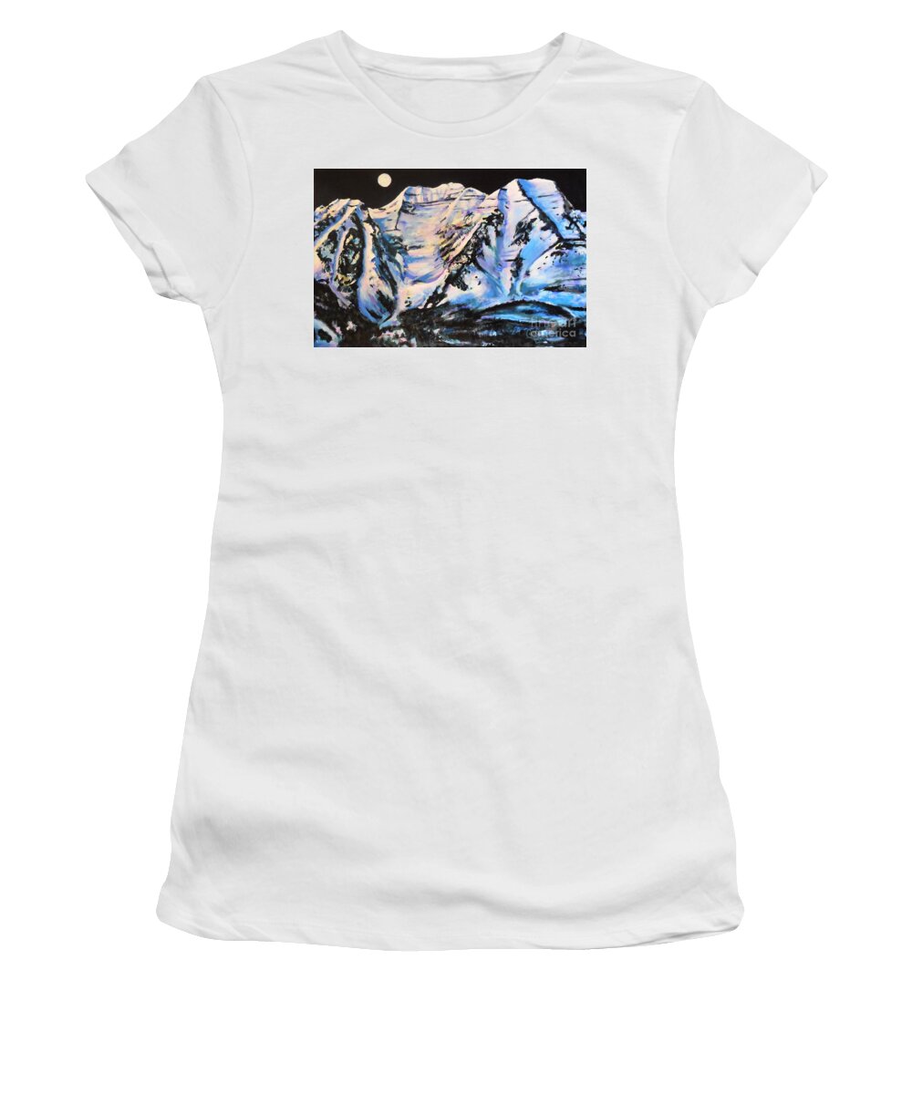 Timpanogos Women's T-Shirt featuring the painting Mt. Timpanogos Under a Full Moon by Cami Lee
