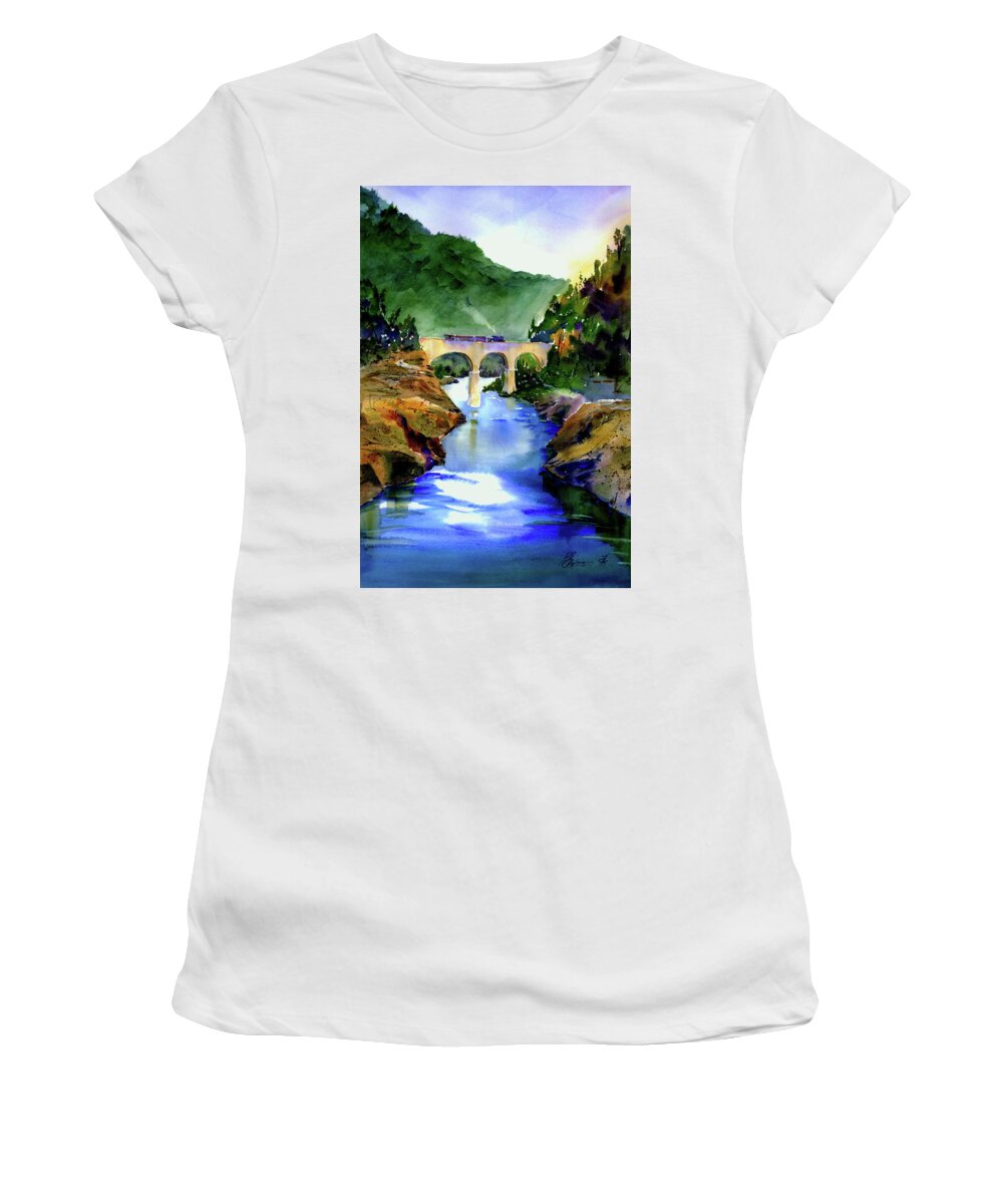 Mountain Quarries Bridge Women's T-Shirt featuring the painting Mtn Quarries RR Bridge by Joan Chlarson