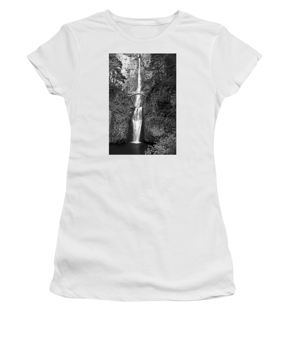 B And W Women's T-Shirt featuring the photograph Multnomah Falls-Black and White by JustJeffAz Photography