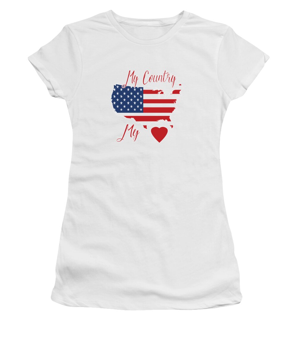 Country; Heart; Love; Pride; Proud To Be An American; Flag; Us Flag; American Flag; Patriotic; Love Of Country; American Pride; Map; Map Of America; Patriot; Red; White; Blue; Red White And Blue Women's T-Shirt featuring the digital art My Country My Heart by Judy Hall-Folde