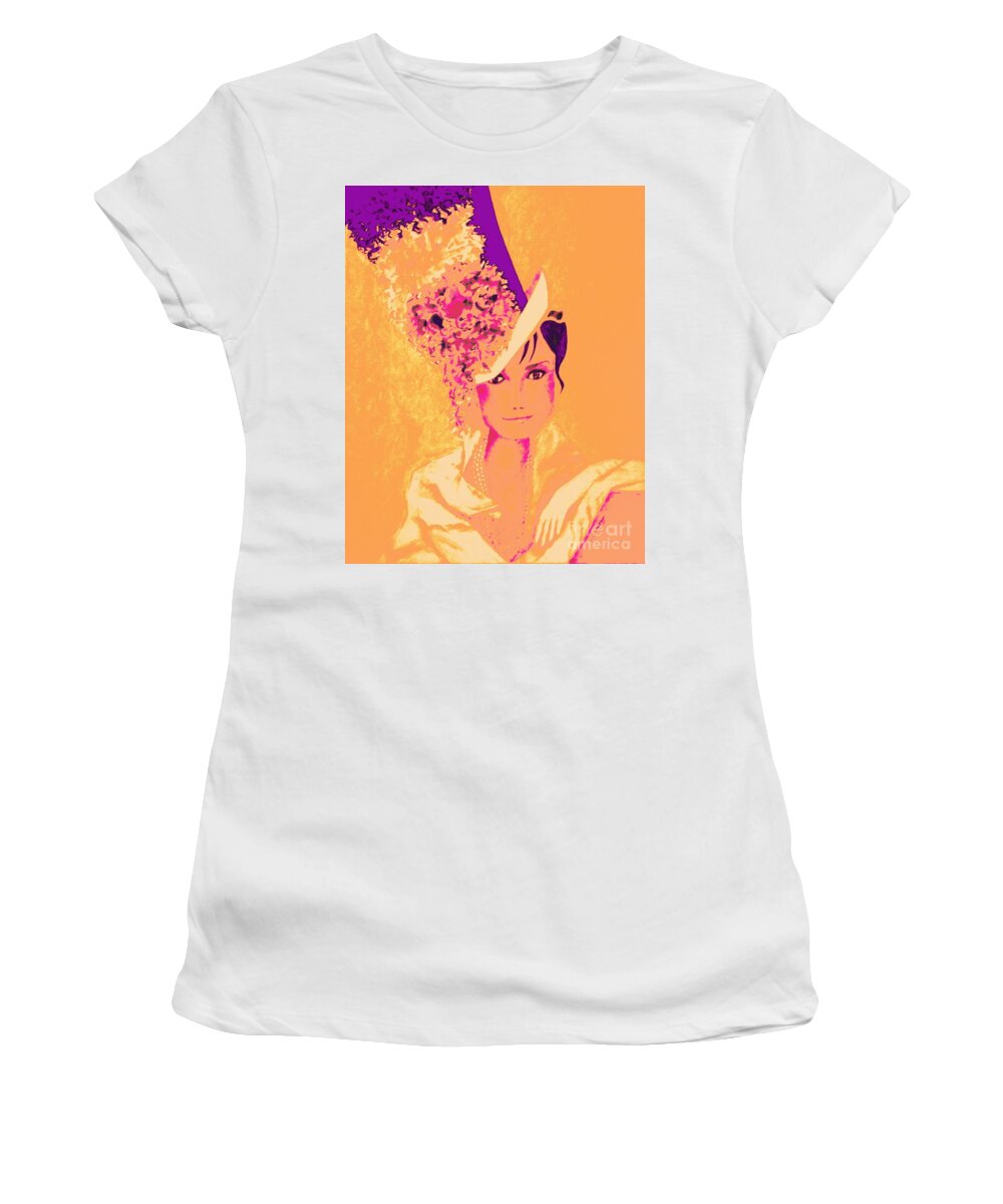 Audrey Hepburn Women's T-Shirt featuring the painting My Fair Audrey -- in Marigold and Purple by Jayne Somogy