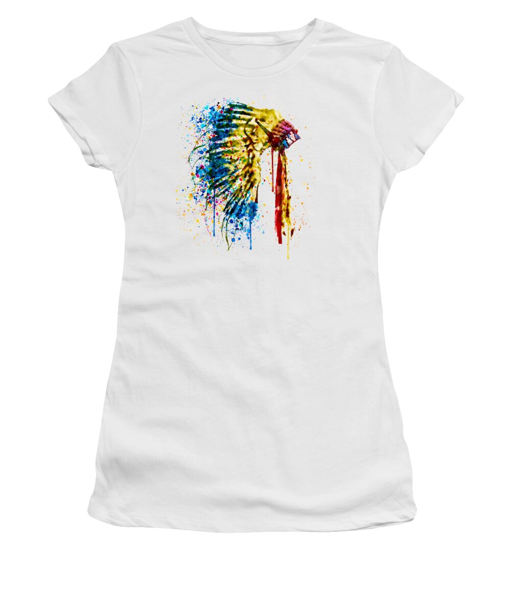 Native American Women's T-Shirt featuring the painting Native American Feather Headdress  by Marian Voicu