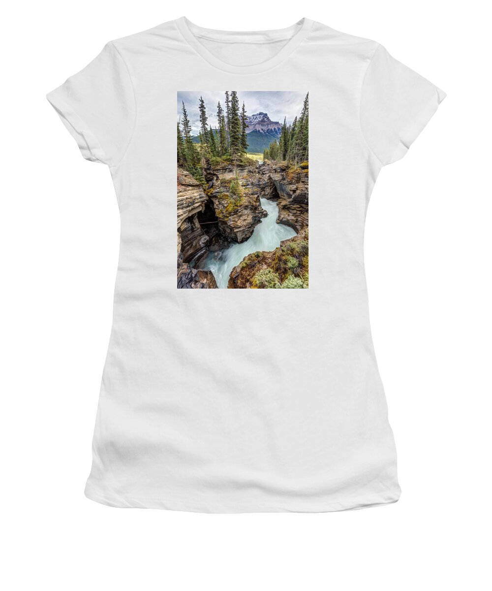 Athabasca Falls Women's T-Shirt featuring the photograph Natural flow of Athabasca Falls by Pierre Leclerc Photography