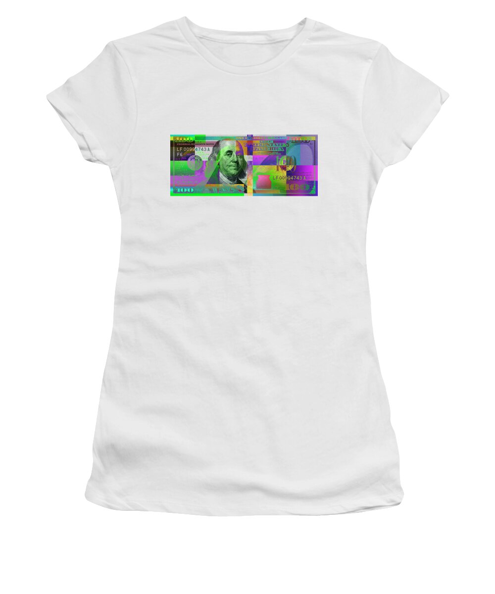 'paper Currency' Collection By Serge Averbukh Women's T-Shirt featuring the digital art New 2009 Series Pop Art Colorized US One Hundred Dollar Bill No. 4 by Serge Averbukh