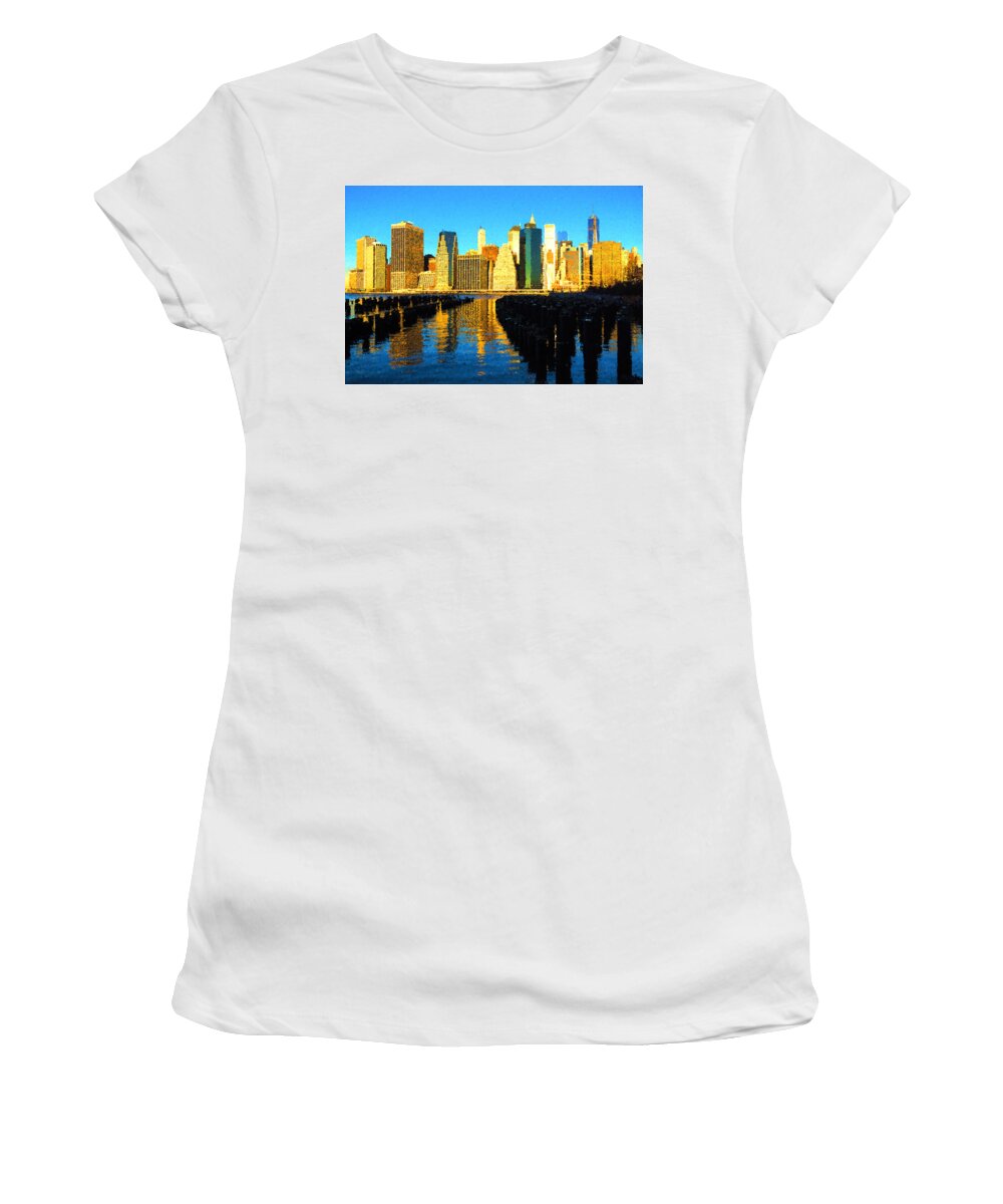 Georgia Mizuleva Women's T-Shirt featuring the digital art New York City Skyline - Impressions Of Manhattan by Georgia Mizuleva