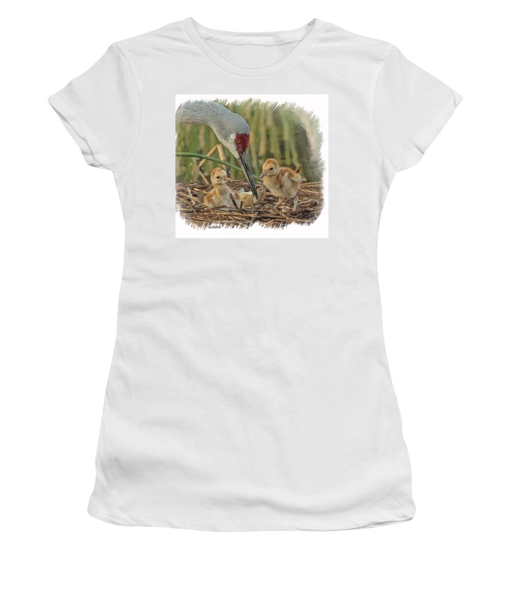 Cranes Women's T-Shirt featuring the digital art Newly Arrived by Larry Linton