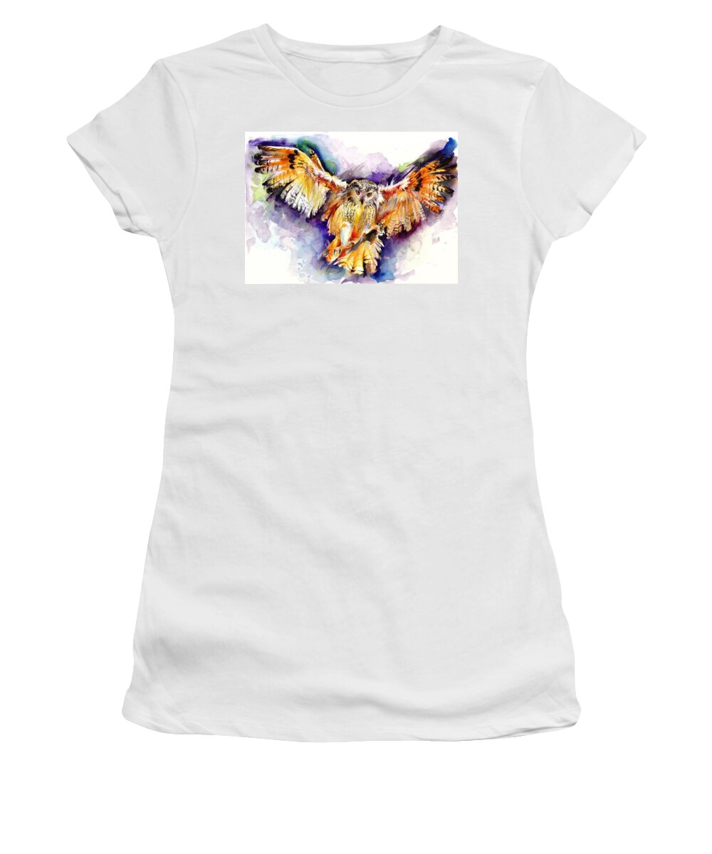 Owl Women's T-Shirt featuring the painting Night Owl Watercolor, Hunting Owl, Flying Brown Owl by Tiberiu Soos