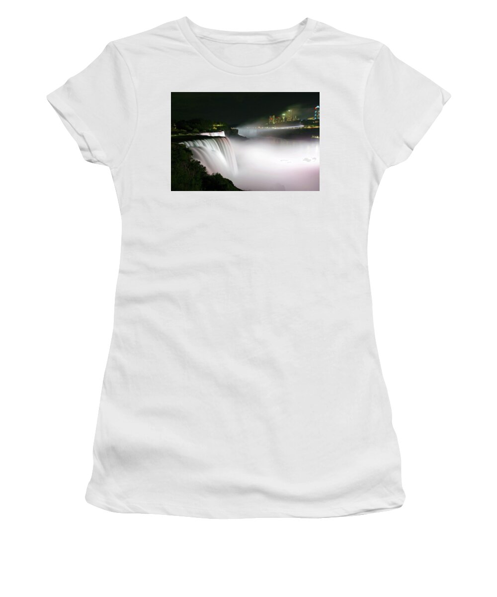 Waterfall Women's T-Shirt featuring the photograph Nightime Mist of Niagara Falls by Gene Walls
