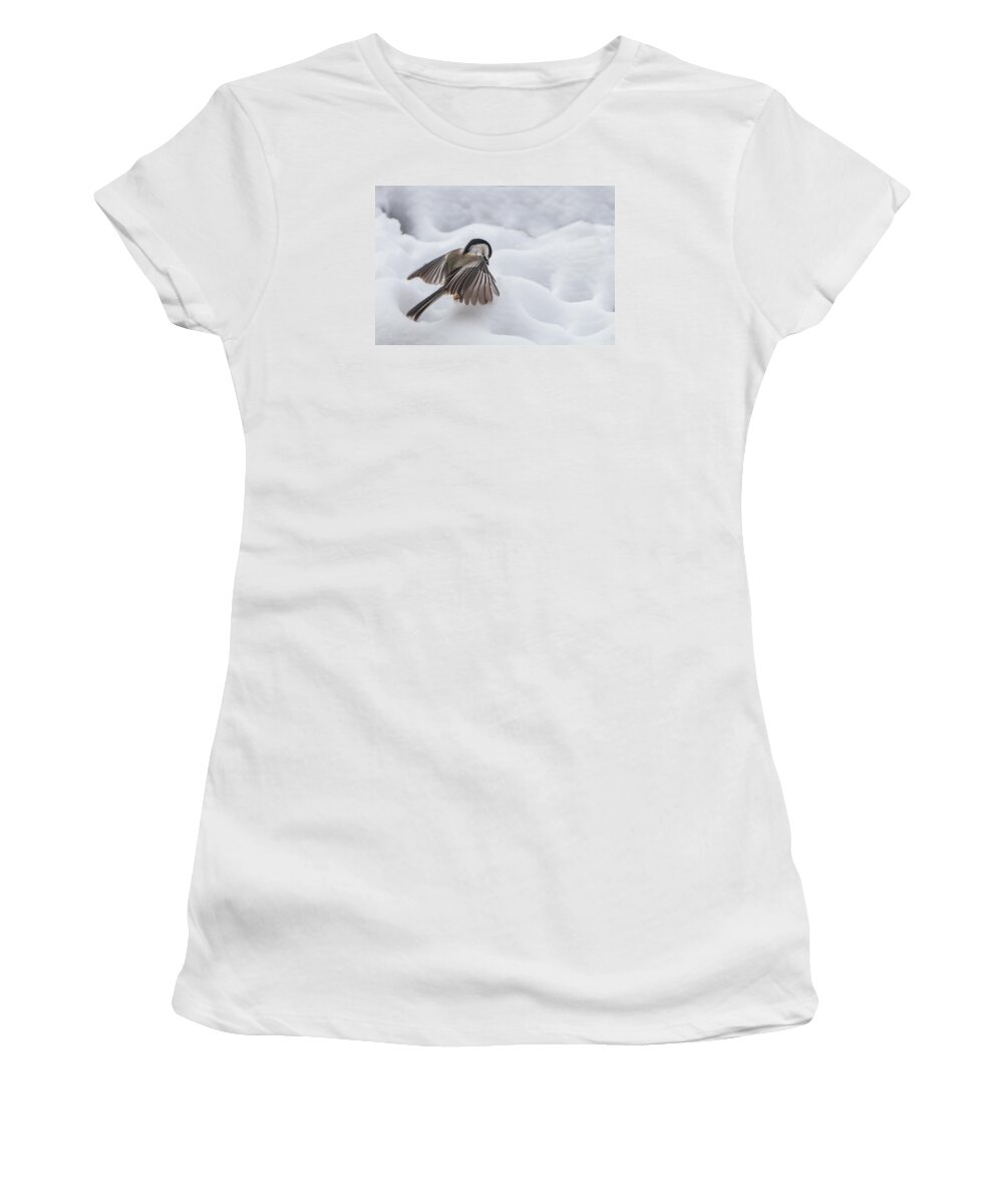 Chickadee Women's T-Shirt featuring the photograph Chickadee - Wings at Work by Patti Deters