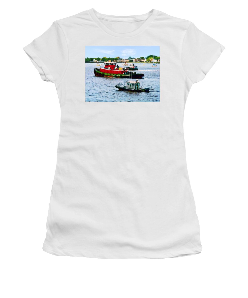 Boat Women's T-Shirt featuring the photograph Norfolk VA - Police Boat and Two Tugboats by Susan Savad