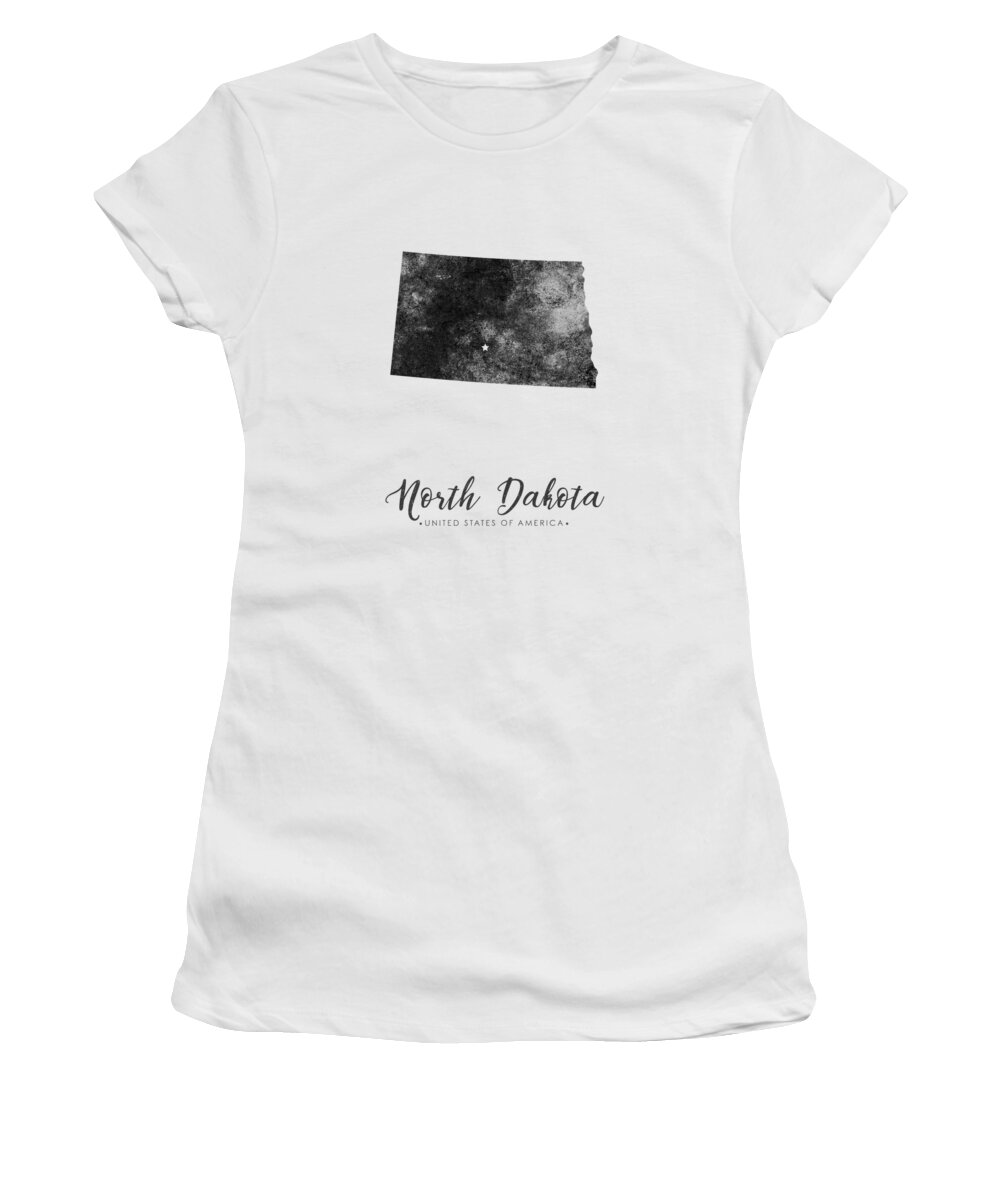 North Dakota Women's T-Shirt featuring the mixed media North Dakota State Map Art - Grunge Silhouette by Studio Grafiikka