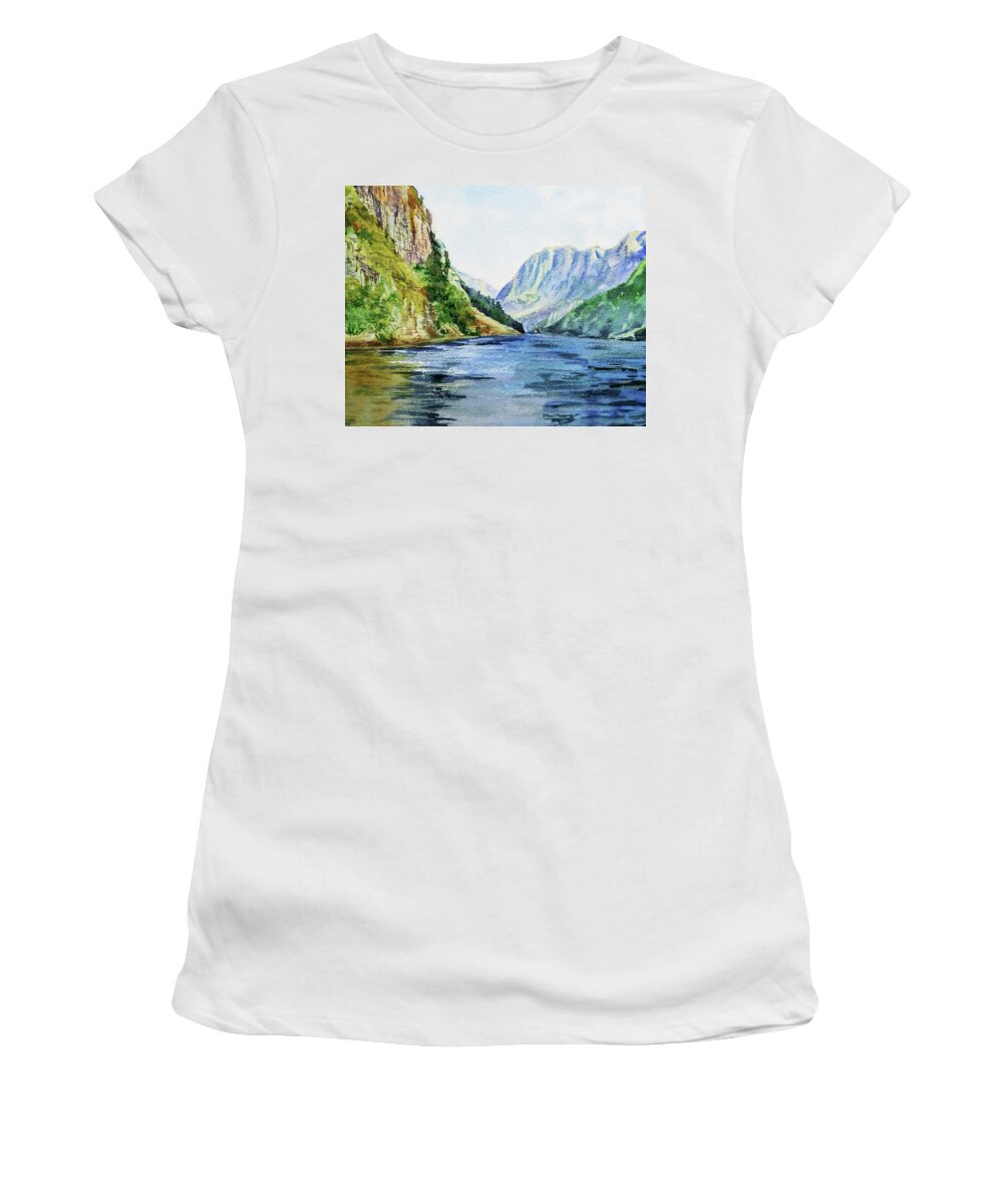 Northern Women's T-Shirt featuring the painting Northern Mountain Lake Watercolor by Irina Sztukowski