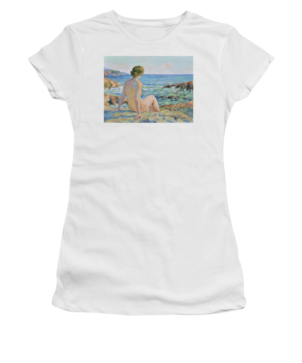 Nude Women's T-Shirt featuring the painting Nude on the coast monaco by Pierre Dijk