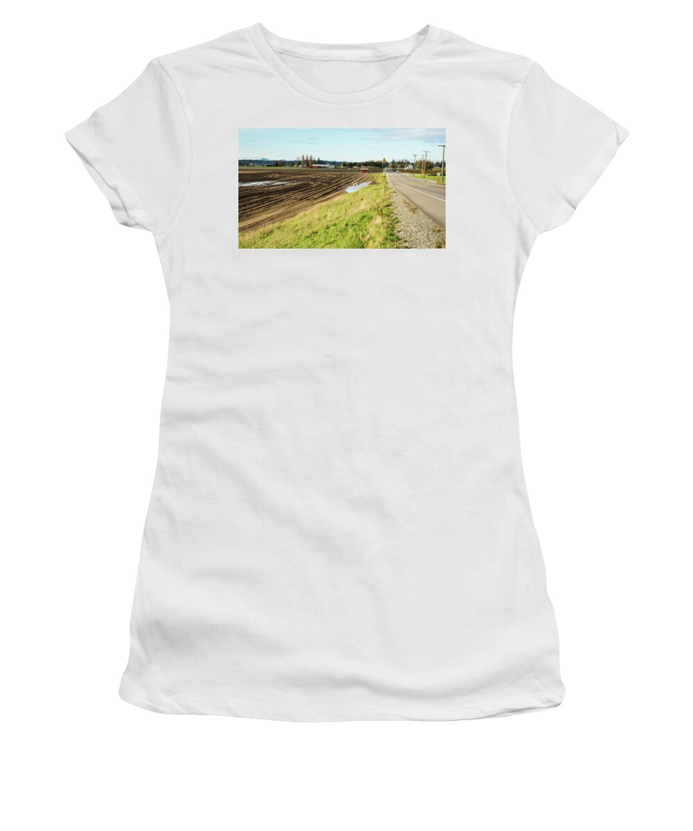 October Brings Muddy Fields Women's T-Shirt featuring the photograph October Brings Muddy Fields by Tom Cochran