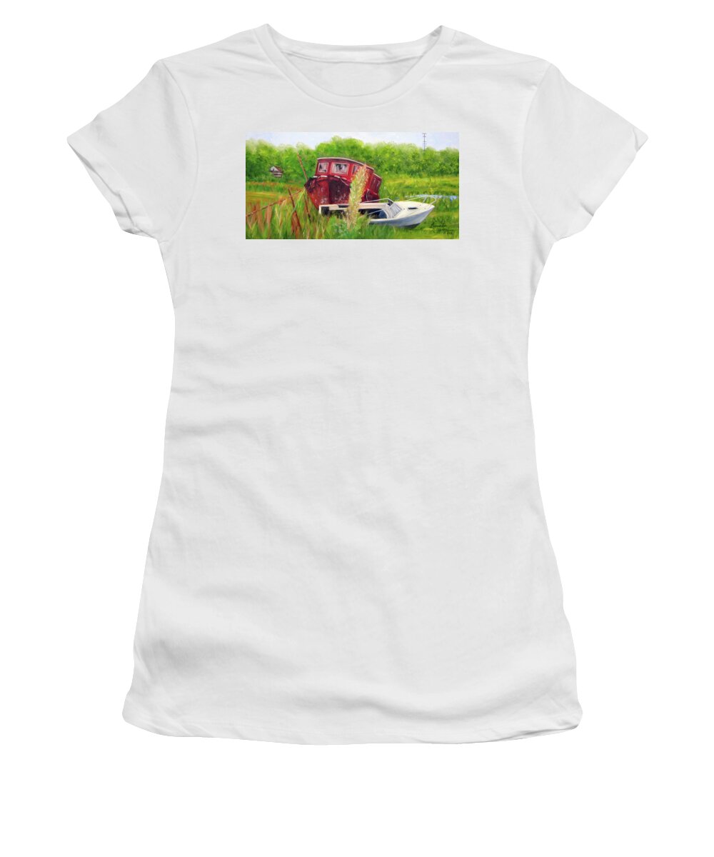 Old Boats Women's T-Shirt featuring the painting old boats in Belford by Leonardo Ruggieri
