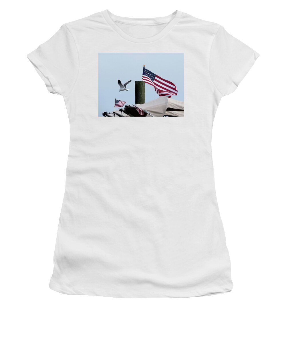 American Flag Women's T-Shirt featuring the photograph Old Glory and Gull by Linda Stern
