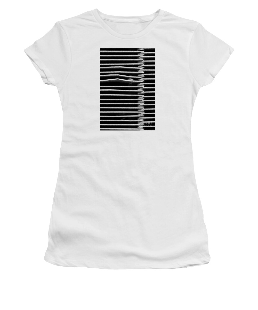 Grate Drain Steel Iron Black White Monochrome Women's T-Shirt featuring the photograph Old Grate 7428 by Ken DePue