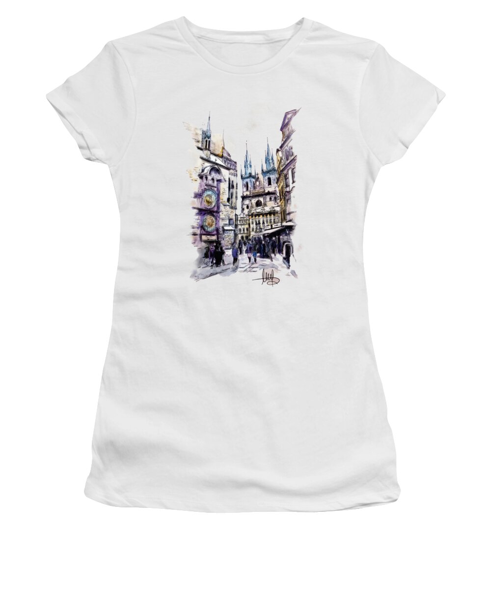 Old Town Square Women's T-Shirt featuring the mixed media Old Town Square in Prague by Melanie D